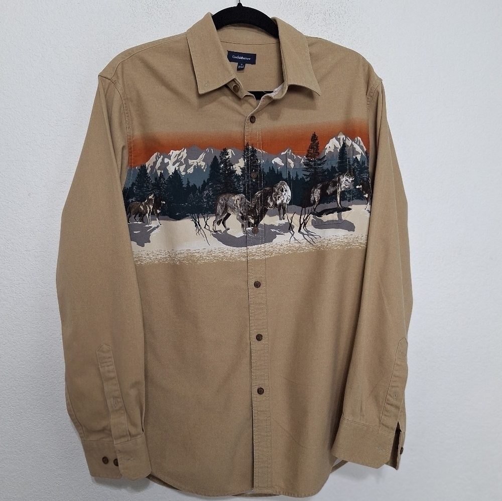 Croft & Barrow Tan Western Retro Wolf Print Southwestern Button Down Shirt Sz. M